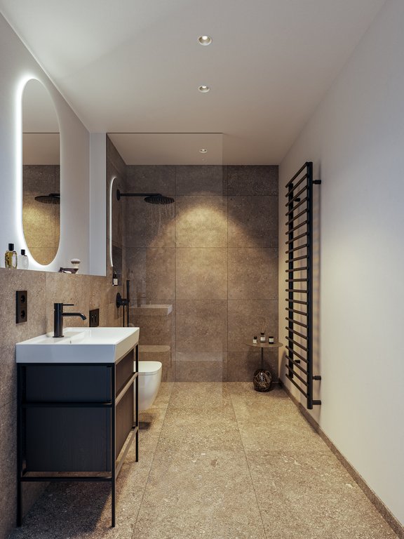 Modern, contrasting design in the bathrooms breaks up the otherwise homogeneous, bright style of the apartments