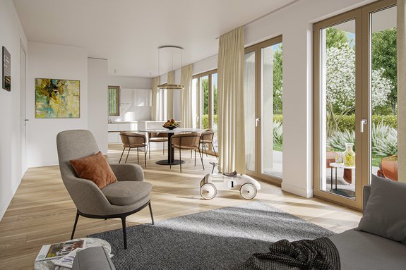 Fenstertüren führen vom Wohn/Essbereich auf die sonnige Terrasse, Gartenwohnung