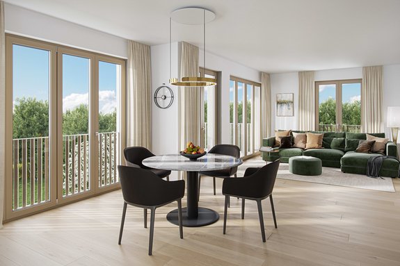 Der attraktive Wohn-/Essbereich wird durch einen Balkon erweitert